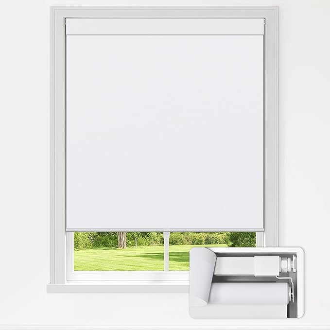LazBlinds No Drill Blinds for Indoor Windows, Blackout Roller Shades, Cordless Window Blackout Blinds, Thermal Insulated Fabric UV Protection for Home and Office, 25.5" W x 72" H, White