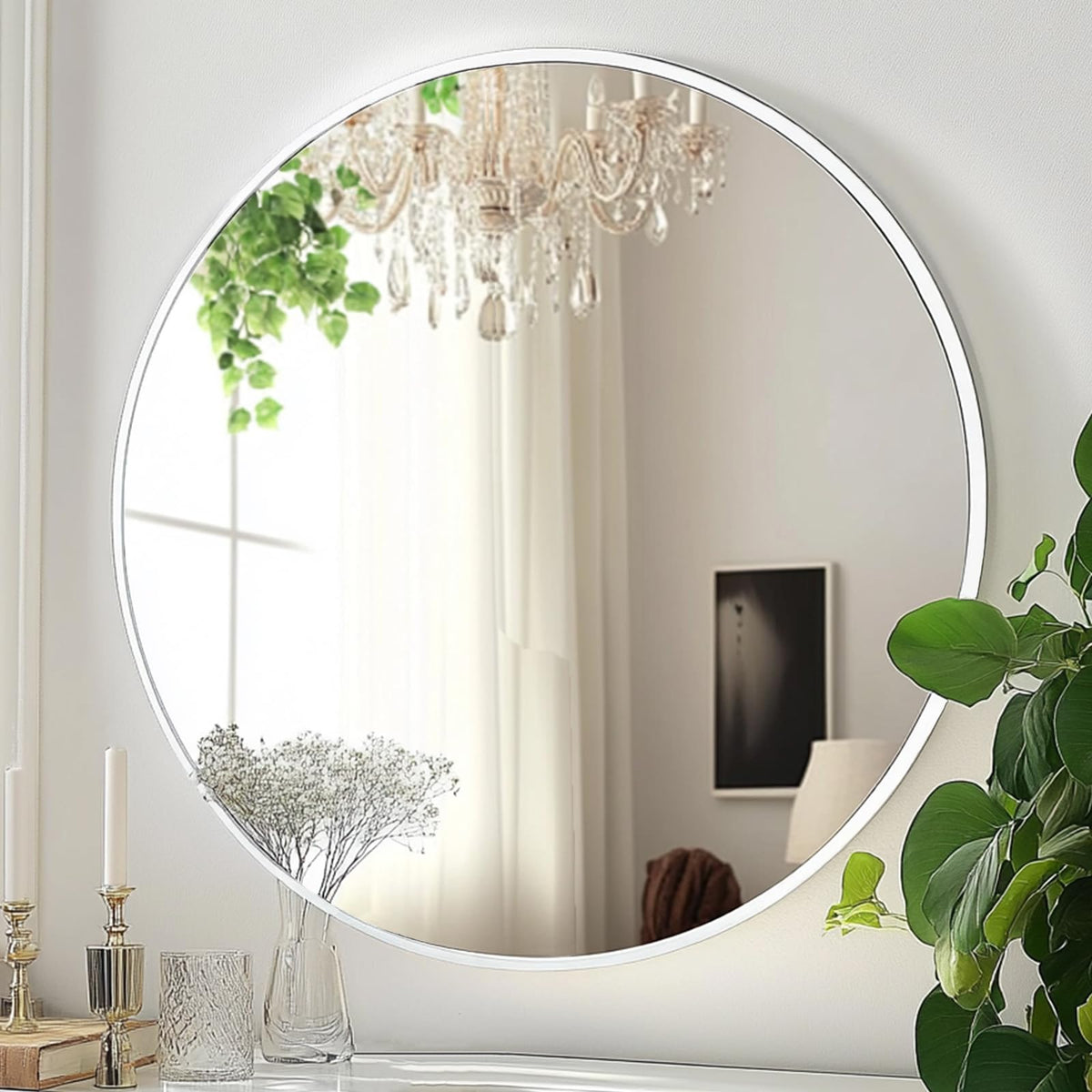 Winnker White Round Mirror 30 inch, Circle Mirror, Matte White Metal Frame
