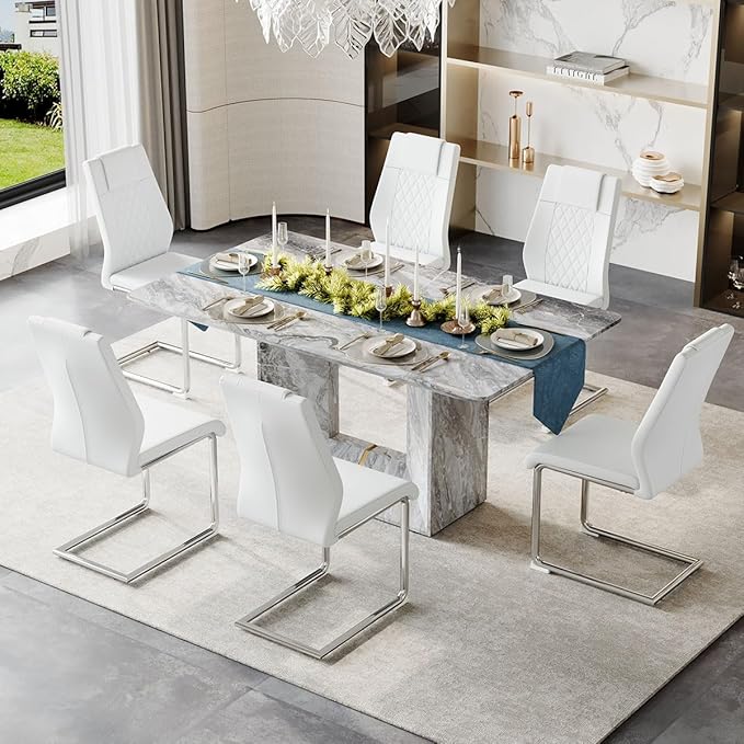 Dinner Table Set for 6, 7 Piece Dining Table Set with Chairs, 63" Faux Marble Modern Table with 6 PU Leather Upholstered Chairs, for Kitchen & Dining Room