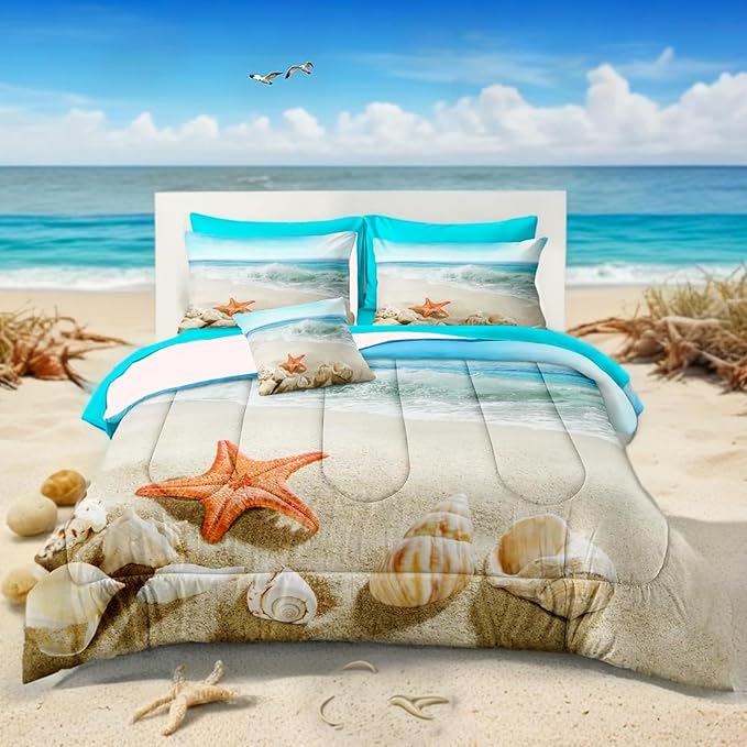 Bedbay Coastal Bedding Girls Boys Full Size Comforter Set with Sheets Beach Themed Bedding Set Ocean Comforter Turquoise Bed Set Full Size Bed in a Bag 8 Pcs Summer Lightweight Comforter(Aqua,Full)