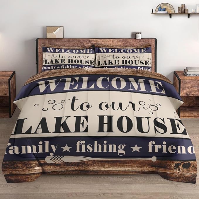 Queen Size Comforter Set with 2 Pillowcases, Welcome Lake House 3 Pcs Bedding for Kids and Adults, Woodboard Family Fishing Cabin Soft Comforter Set for Bedroom Bed Decor
