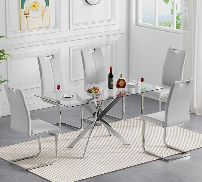 5 Piece Glass Dining Table Set, Glass Kitchen Dining Room Table Set for 4, 61" Modern Rectangular Silver Glass Metal Dining Table with 4 Grey PU Leather Dining Chairs for Kitchen Dining Room