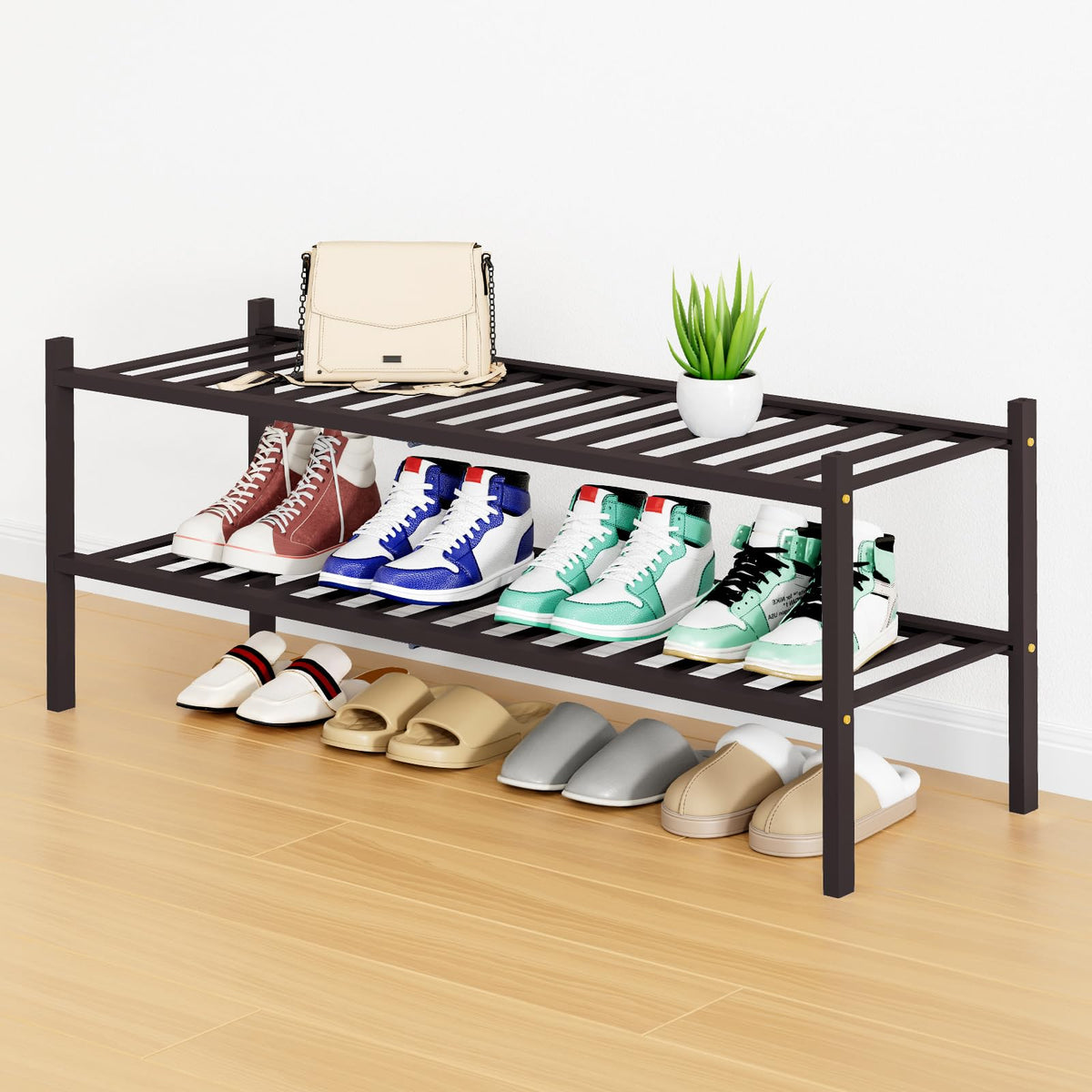 Smiry Bamboo Shoe Rack, 16 Vertical Slats, 2 Tier - 33.7" Wide, Brown