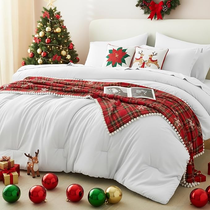 CozyLux Full Comforter Set White, 7 Pieces Bed in a Bag Soft Bedding Comforter Set with Sheets, All Season Boho 7PC Bed Sets with Comforter, Fitted Sheets, Flat Sheets, Pillow Shams and Pillowcases