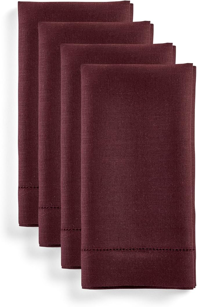 Solino Home Linen Cloth Napkins Set of 4-100% Pure Linen Burgundy Dinner Napkins 20 x 20 Inch for Christmas, Winter, New Year - Classic Hemstitch, Handcrafted and Machine Washable