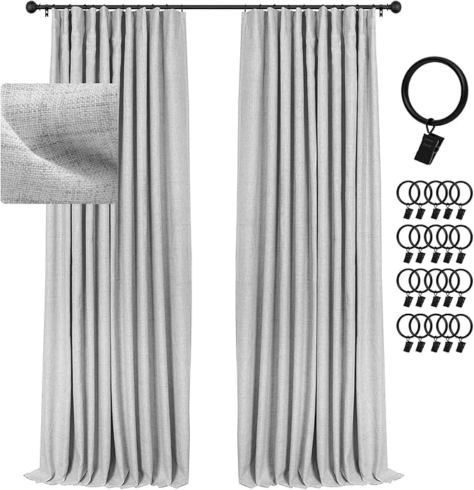INOVADAY 100% Blackout Curtains for Bedroom, Black Out Curtains 90 Inch Long, Clip Rings Linen Blackout Drapes, Thermal Insulated Room Darkening for Living Room, 2 Panels - Grey,W50xL90