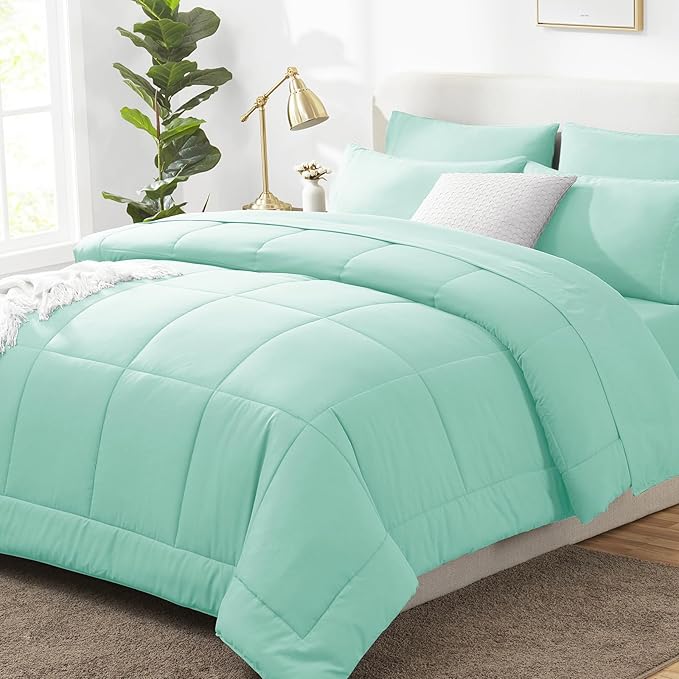 CozyLux Queen Comforter Set Mint Green, 7 Pieces Bed in a Bag, Green Comforter Queen Size, All Season Bedding Sets with Stitch Quilted Comforter, Flat Sheet, Fitted Sheet, Pillowcases