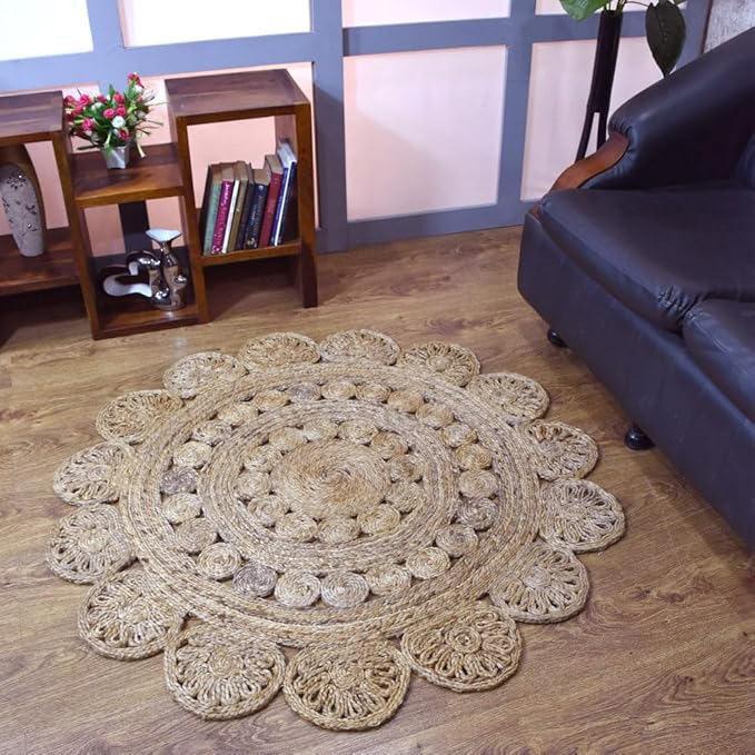 Hand Woven Jute ECO-Friendly Oriental Area Rugs - 5'x5', Round Shape, Beige Color, Oriental Pattern, High Pile, Natural Fiber, Outdoor Indoor Handmade Area Rugs for Living Room, Bed Room (J00005)