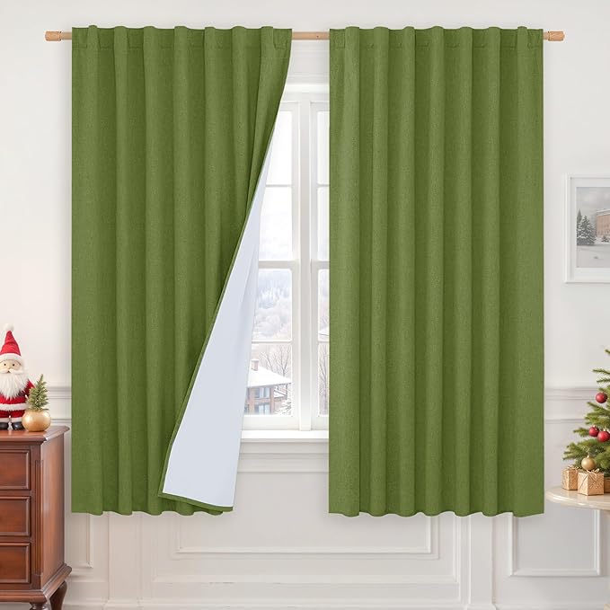 LAMIT 100% Blackout Linen Curtains 63 Inches Long, Linen Textured Living Room Bedroom Drapes Full Room Darkening Back Tab and Rod Pocket Panels with White Liner, 2 Panels, Olive Green, 60 x 63 Inch