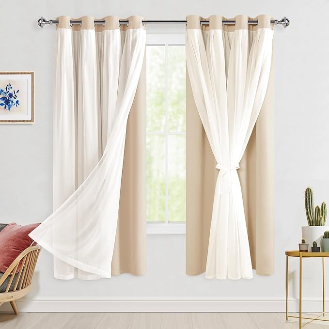 Hiasan Blackout Curtains with Sheer Overlay, Grommet Thermal Insulated Privacy Mix and Match Double Layer Window Curtains for Girls Bedroom, Living Room, 2 Drape Panels with Tiebacks, Beige, 52W X 63L