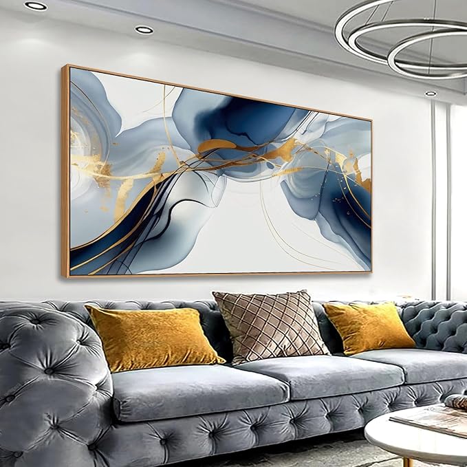 HUADAOART Wall Art Canvas Painting Abstract Wall Art Modern Art Wall Mural for Living Room Bedroom Print on Artwork Home Decor Framed 24x48inch (Blue)