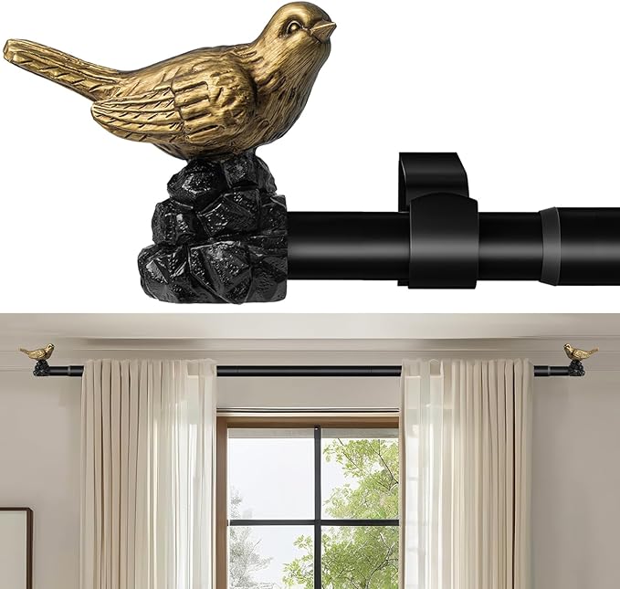 Vintage Gold Curtain Rod 36 to 120 Inches Curtain Rods for Windows Adjustable Heavy Duty Drapery Rod with Bird Finials for Living Room Bedroom