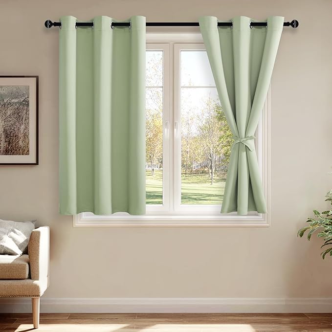 JIUZHEN Blackout Curtains with Tiebacks - Thermal Insulated, Light Blocking and Noise Reducing Grommet Curtain Drapes for Bedroom and Living Room, Set of 2 Panels, Light Green, 38 x 45 Inch Length