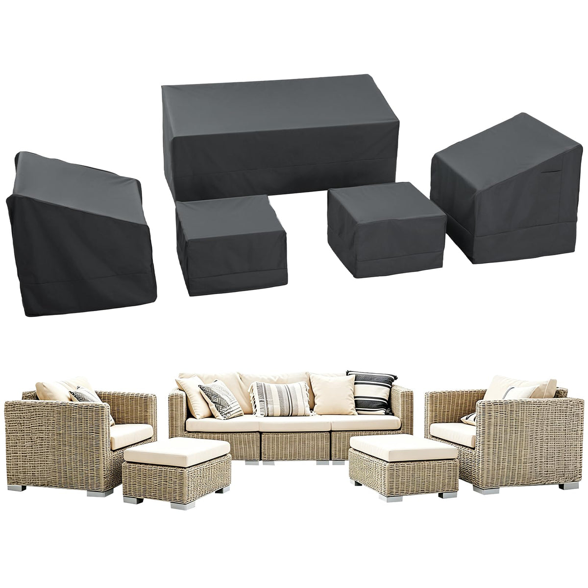 Loriano 5 Piece Patio Furniture Covers Set – Heavy-Duty 600D Oxford Fabric Waterproof 3-seater Sofa 79"W + 2 Armchairs 33"W + 2 Ottomans 27", All-Weather UV Guard for Outdoor, Garden, Poolside
