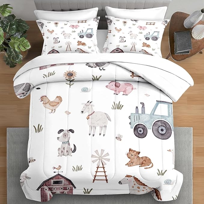 Comforter Set Queen Size, Farm Animal 7 Pcs Bedding for Kids and Adults, Cute Tractor Bed Sheet Sets with Fitted Sheet 2 Pillowcases & 2 Shams for Bedroom Bed Decor