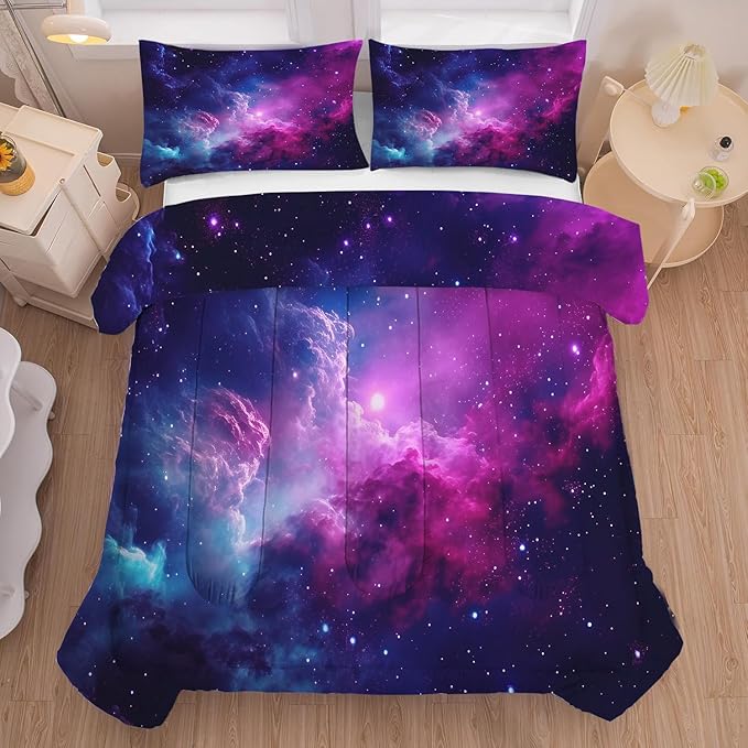 Galaxy Bedding Twin Size Purple Outer Space Comforter Set for Girls Boys Kids Children Bedroom Dorm Quilt 1 Comforter + 1 Pillow Case