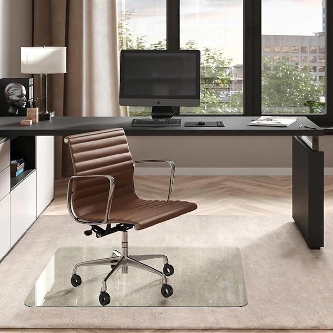 Vitrazza Glass Chair Mat 42” x 48” Superior ¼ Thick, Chiaro Standard Clear, Certified Tempered Safety Glass, Delivers a Smooth Glide, Protects Carpet or Wood, Beautiful in Home or Office.