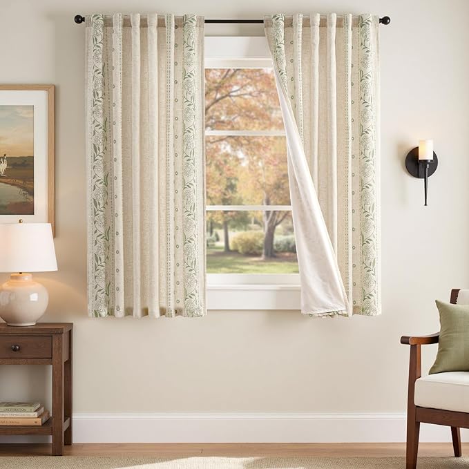 jinchan Winslow Lined Linen Curtains for Bedroom 63 Inches Linen Blended Embroidered Bordered Floral Curtains for Living Room Farmhouse Decor Window Treatments Sage on Beige Drapes 2 Panels