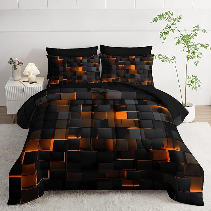 Geometric Yellow Black King Comforter Set,Light Honeycomb Bedding Set 7 Piece in A Bag,Bed Sheet Set Geometry Decor,Microfiber Lightweight All Season