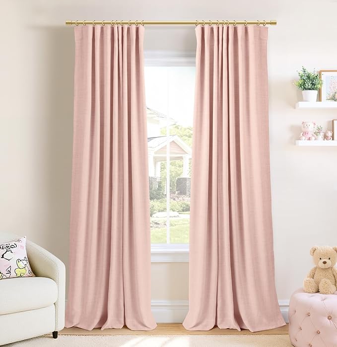 INOVADAY 100% Blackout Curtains for Bedroom, Black Out Curtains 90 Inch Long, Clip Rings Linen Blackout Drapes, Thermal Insulated Room Darkening for Living Room, 2 Panels - Blush Pink,W50xL90