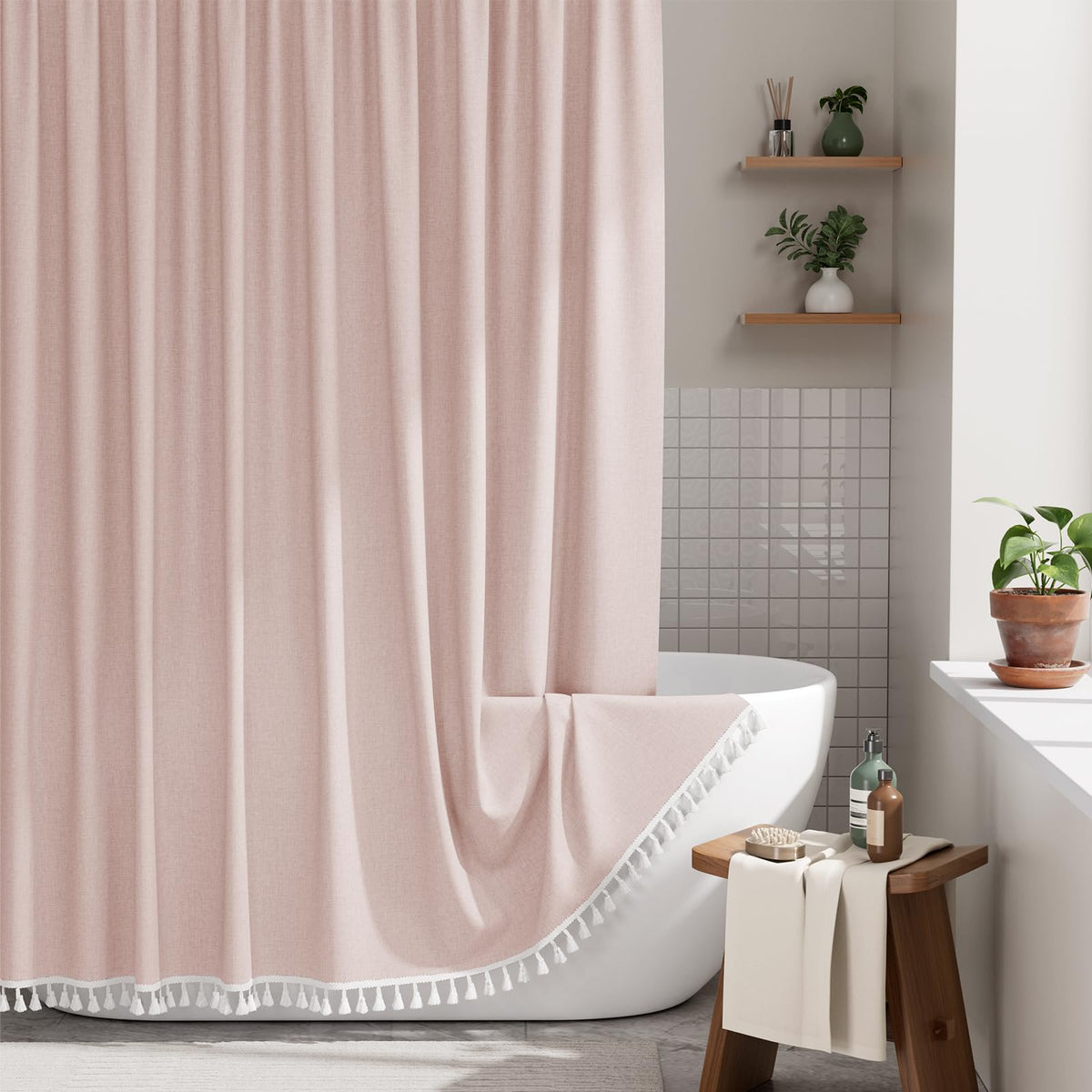 AmazerBath Pink Boho Shower Curtain with Tassels, Modern Farmhouse Shower Curtains for Bathroom, Pink Shower Curtain Fabric, Rustic Faux Linen Shower Curtain Set with Hooks, 72x72 Inches
