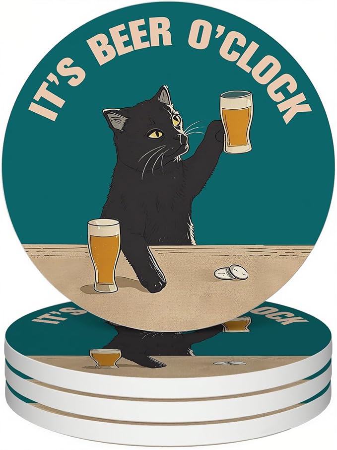 zcyhtqp, It's Beer O'Clock, Funny Absorbent Round Ceramic Stone Coasters Set of 4 with Cork Base, Funny Bar Coasters, Cat Lover, Gifts for Home, Bar, Office Table Décor