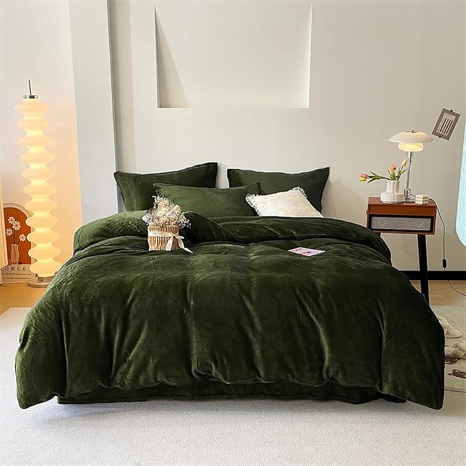 Luxlovery Army Green Velvet & Flannel Bedding - Twin Size Modern Winter Comforter & Blanket Set
