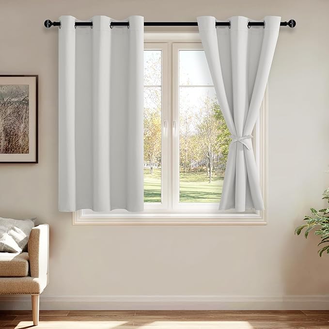 JIUZHEN Blackout Curtains with Tiebacks - Thermal Insulated, Light Blocking and Noise Reducing Grommet Curtain Drapes for Bedroom and Living Room, Set of 2 Panels, Greyish White, 38 x 54 Inch Length