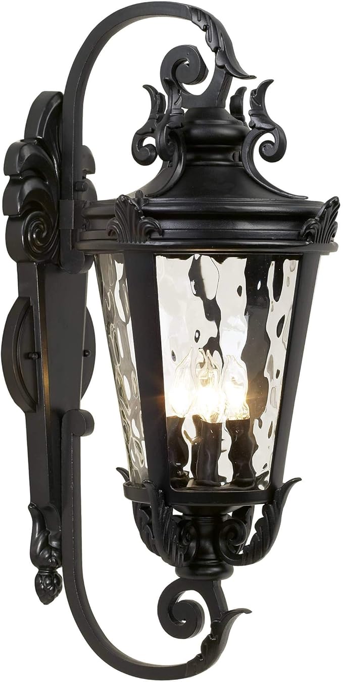 John Timberland Marseille Rustic Vintage Outdoor Wall Light Fixture Textured Black Scroll 27 1/2" Hammered Glass for Exterior House Porch Patio Outside Deck Garage Yard Front Door Garden Home