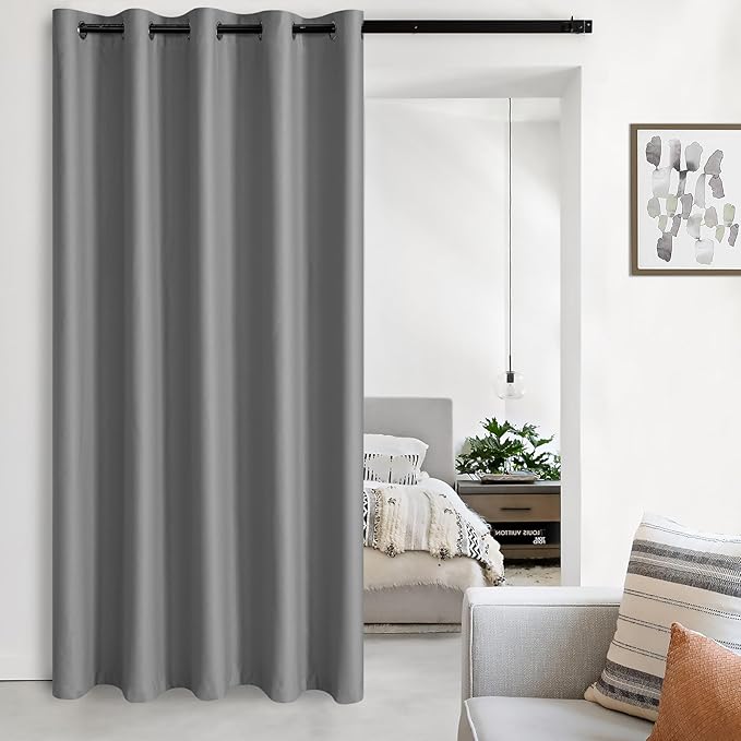 JIUZHEN Blackout Sliding Door Curtain 84 inches Long, Grommet Privacy Protect Room Divider Drapes, Thermal Insulated Patio Door Curtains (Light Grey, W72 by L84, 1 Panel)