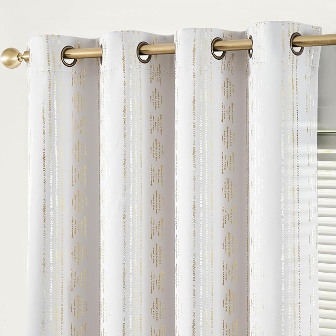 jinchan 95% Blackout Boho Curtains 90 Inches Long for Christmas Bedroom Living Room Decor Festive Xmas Golden Geometric Foil Printed Curtain Grommet Top Room Darkening Drapes Off White 2 Panels
