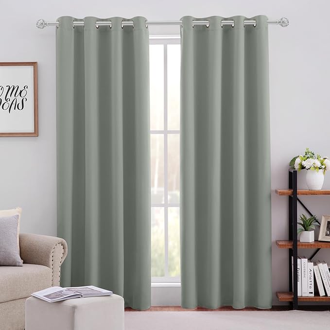 HOMEIDEAS Greyish Green Blackout Curtains for Bedroom 52 X 84 Inch Length 2 Panels Set Room Darkening Bedroom Curtains, Soundproof Thermal Grommet Window Curtains for Living Room