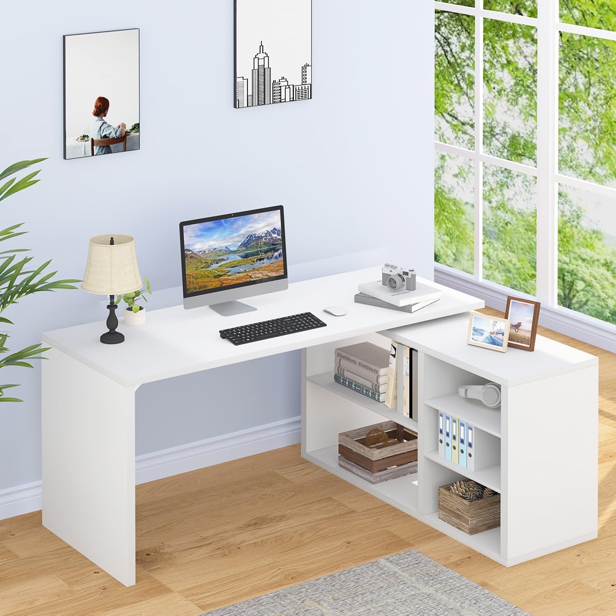 HSH White L Shaped Desk with Storage, Home Office Desk for Work, 55 Inch