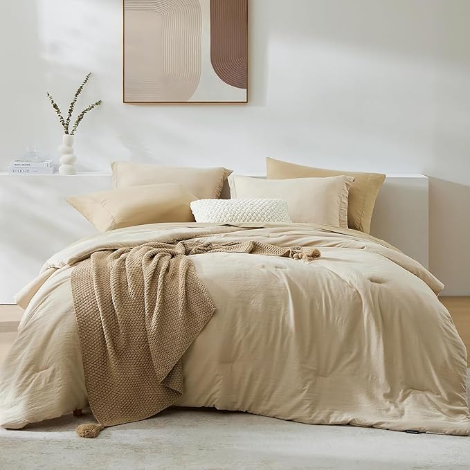 WRENSONGE Full Size Comforter Set- 7 Pieces Soft Beige Bed in a Bag Full with Fitted Sheet, Flat Sheet, 2 Pillow Shams, 2 Pillowcases, Warm Bedding Sets for All Season