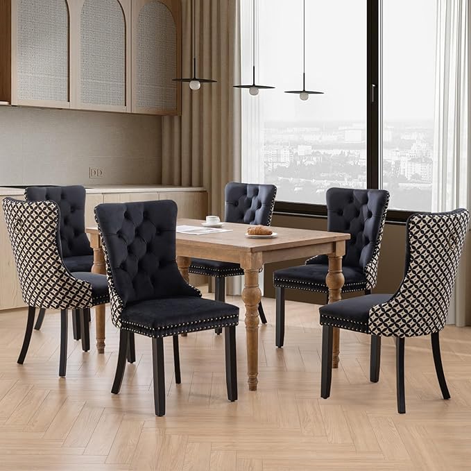SoarFlash Velvet Dining Chairs Set of 6, Tall Back Side Chair, Modern Upholstered Side Chair with Button Back Ring, Solid Wood Legs (Black&Plaid)