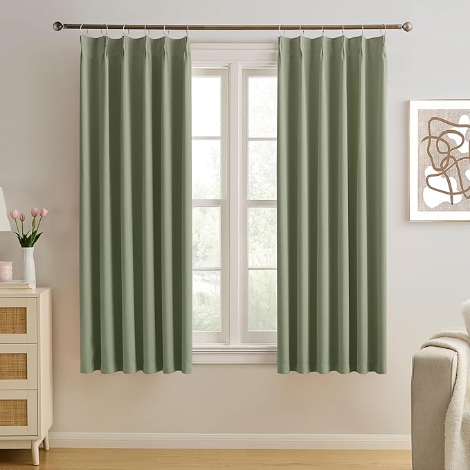 Sage Green Pinch Pleat Curtains 72 Inches Long Thermal Insulated Dark Black Out Short Drapery for Bedroom Light Blocking Window Covering Room Darkening Drapes for Living Room 40x72 2 Pieces