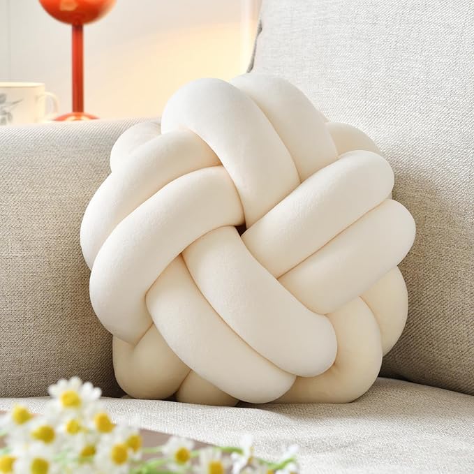 Knot Ball Pillow, Round Decorative Throw Pillows Cushion, 8 Inch Beige Soft Plush Knotted Pillows Pillow, Modern Home Throw Knot Decorative Cushion