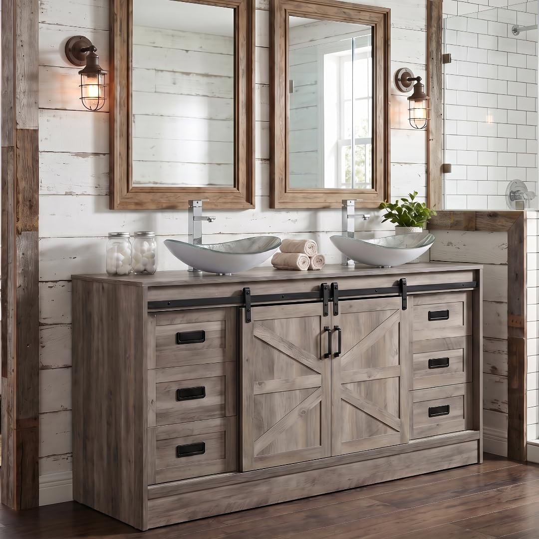 SOLIDEE 60" Barn Door Bathroom Vanity with 6 Drawers and Two Doors, Farmhouse Style Standing Pedestal Cabinet with Two Silver Boat Glass Vessel Sinks