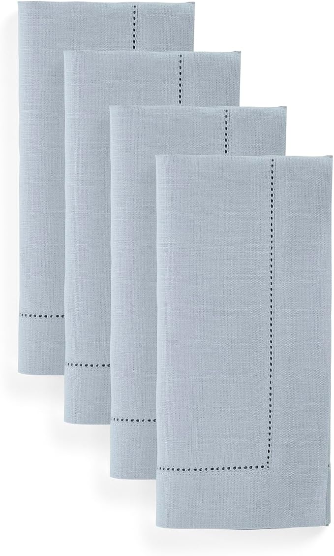 Solino Home Dusty Blue Linen Napkins Set of 4-100% Pure Linen Hemstitch Dinner Napkins 20 x 20 Inch - Classic Hemstitch