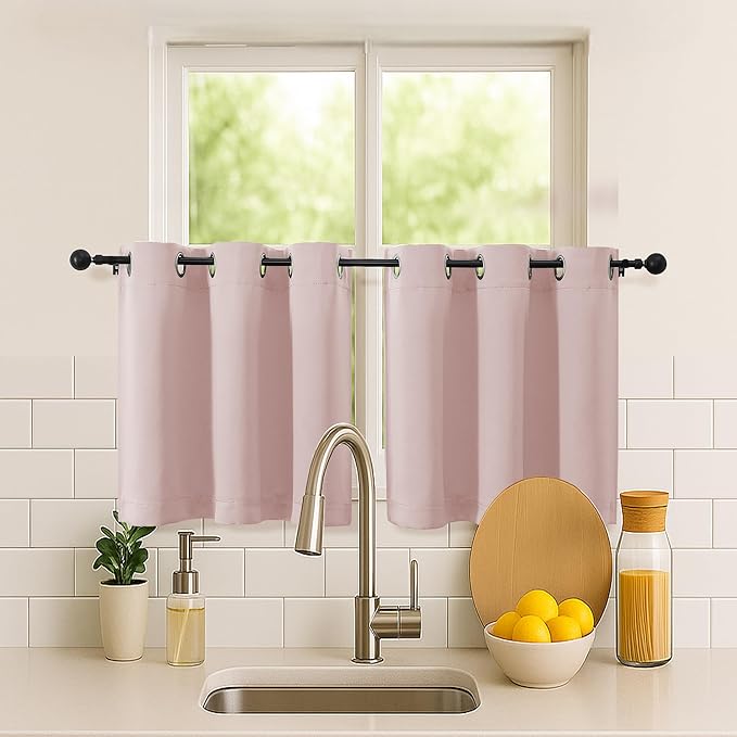 Simplebrand Blush Short Kitchen Curtains 24 Inch Length 2 Panels Set, Small Windows Room Darkening Curtain for Bathroom, Cabinet, Basement, RV Camper, Thermal Insulated Short Drapes, 40 x 24 Inch