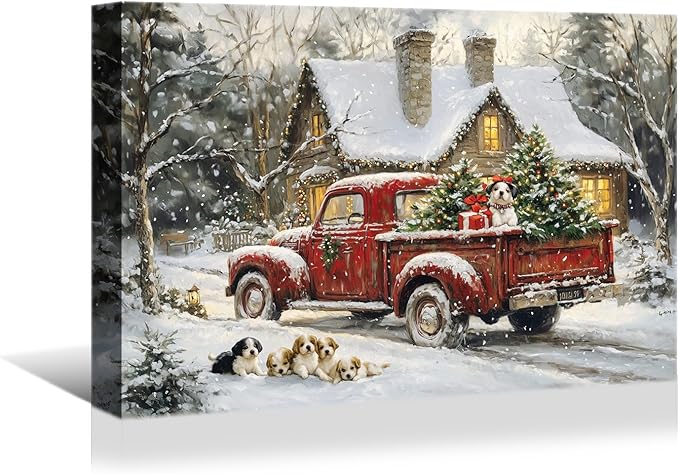 YONICA Christmas Wall Decor Christmas Canvas Wall Art Home Decorations 24x18 Inches - Christmas Pictures Red Truck and Pet Dog s Prints Winter Painting Xmas Artworks for Living Room Bedroom