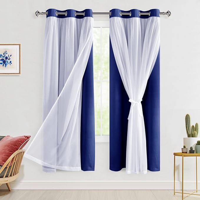 Hiasan Blackout Curtains with Sheer Overlay, Thermal Insulated Privacy Mix and Match Double Layer Window Curtains for Bedroom, Living Room, 2 Drape Panels Sewn with Tiebacks, Navy Blue, 42W X 63L