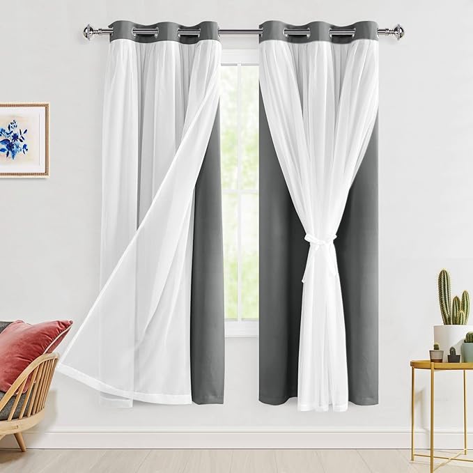 Hiasan Blackout Curtains with Sheer Overlay, Grommet Thermal Insulated Privacy Mix and Match Double Layer Window Curtains for Girls Bedroom, Living Room, 2 Drape Panels with Tiebacks, Grey, 42W X 63L