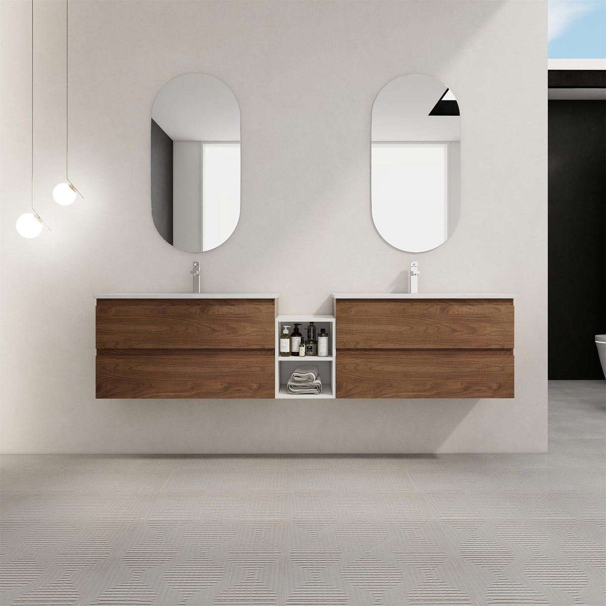 SSLine 84-Inch Double Sink Vanity Modern Wall Mounted Bathroom Vanity with Double Ceramic Sink 84" Large Floating Bathroom Vanities Set with Storage Drawers and Middle Open Shelf(Brown Walnut)