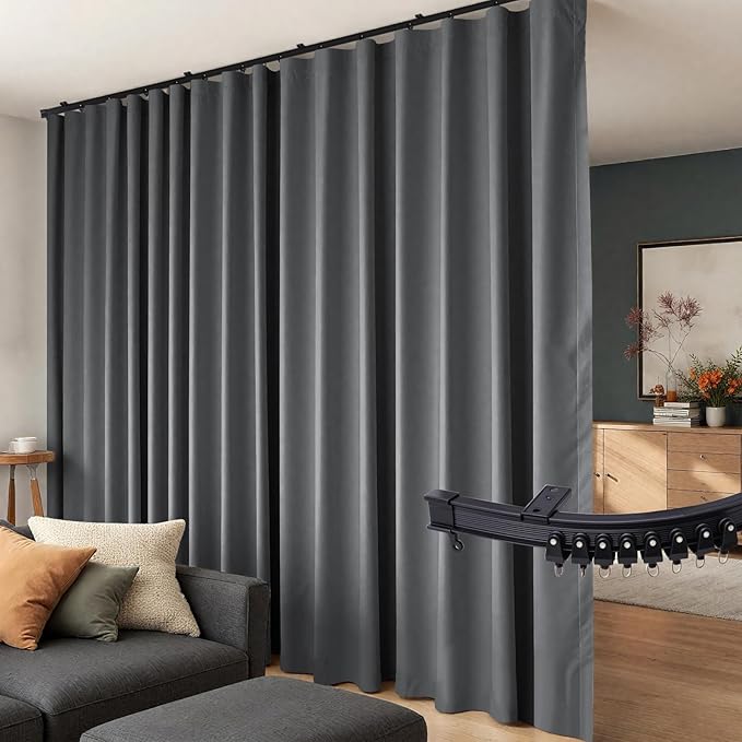 Room Divider Curtains Flexible Ceiling Tracks set Curtain track Ceiling Mount Blackout Curtain for Living Room Bedroom Ceiling Curtain Rod Privacy Dividers Panels W100 x H120 Grey Drape & Black rail