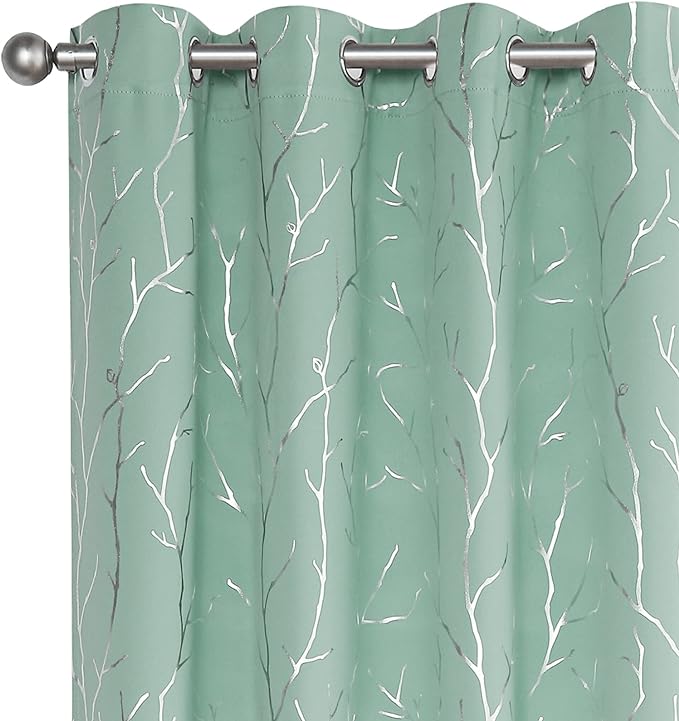 BUHUA Blackout Curtains 84 Inch Long 2 Panels, Soundproof Curtains with Elegant Silver Tree Branches Print, Heat Blocking Curtains for Livingroom, 52W x 84L, Aqua
