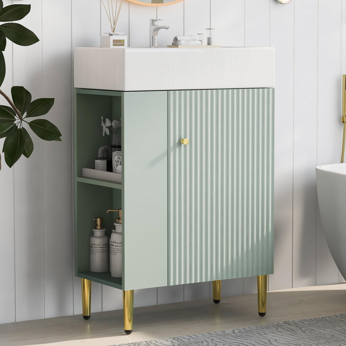 Virubi 21.6 in Small Bathroom Vanity with Sink,Doors and Storage Shelves,Wood Modern Single Fluted Bathroom Sink Cabinet Freestanding (Green,Left Shelf)