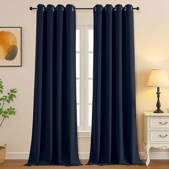 Simplebrand Navy Blue Room Darkening Curtains for Bedroom Living Room 108 Inches Long 2 Panels Set, Thermal Insulated Curtains & Drapes, Solid Grommet Noise Reducing Window Treatment, W50 x L108 Inch