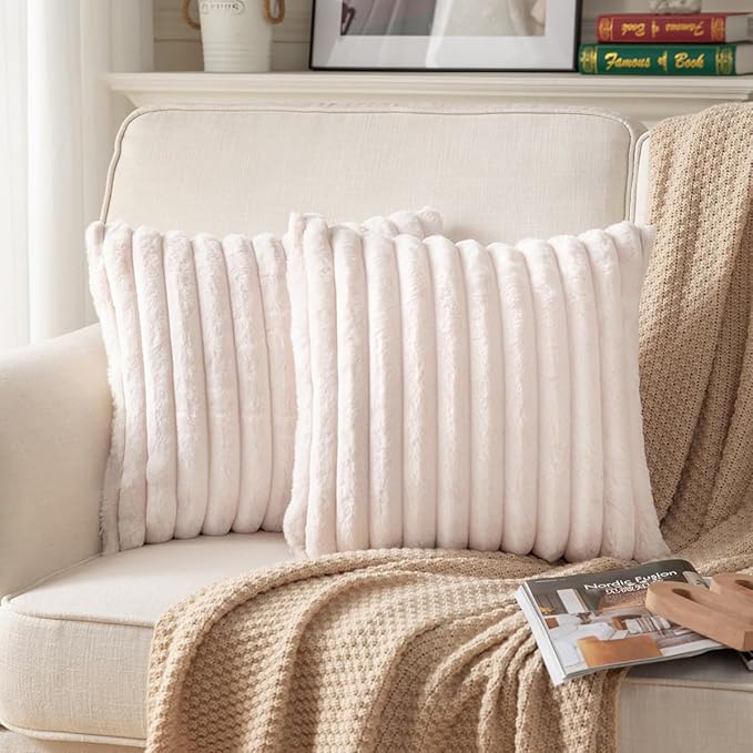 DEELAND Pack of 2,Double-Sided Faux Fur Plush Decorative Throw Pillow Covers Fuzzy Striped Soft Pillowcase Cushion Covers for Sofa Couch Bedroom Beige 16x16 inch