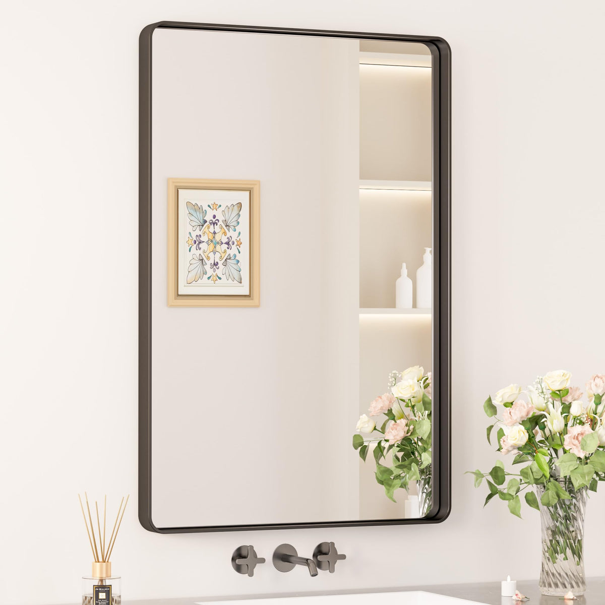 Keonjinn 24 x 36 Inch Black Vanity Mirror, Aluminum Frame Bathroom Mirror